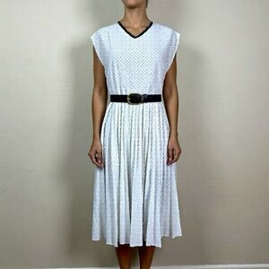 Vintage White Polka Dot Midi Dress with navy Trim nautical mcm twee 70s boho